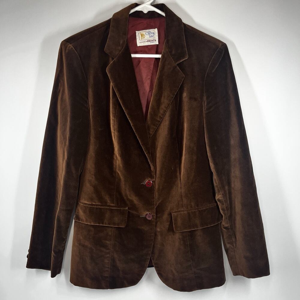 Vintage Brown Velvet Blazer Jacket Front Button Closure Pockets Size Small